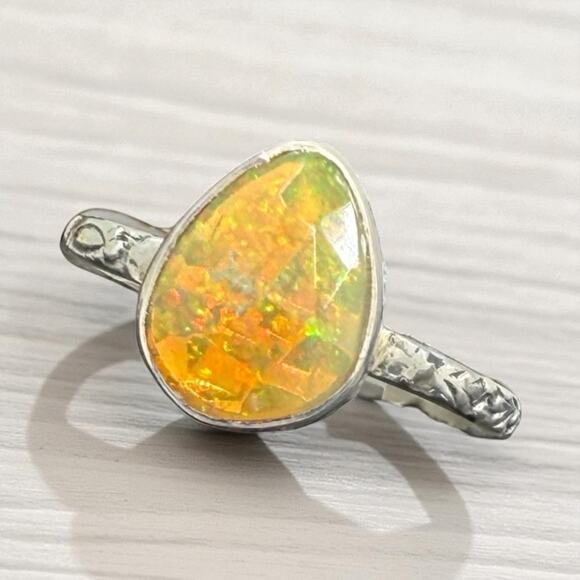 Rose Cut Pear Ethiopian Opal Ring 925 Sterling Silver Size 9 Carved Band - Picture 2 of 7